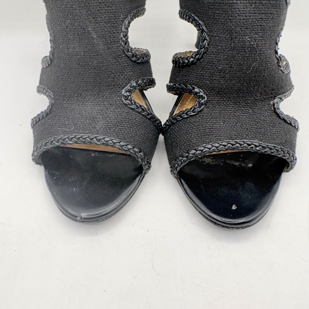 Tahari Lexie Black Canvas Braided Trim Heeled Sandals Size 8.5‎ M Gold Buckle - Picture 4 of 12